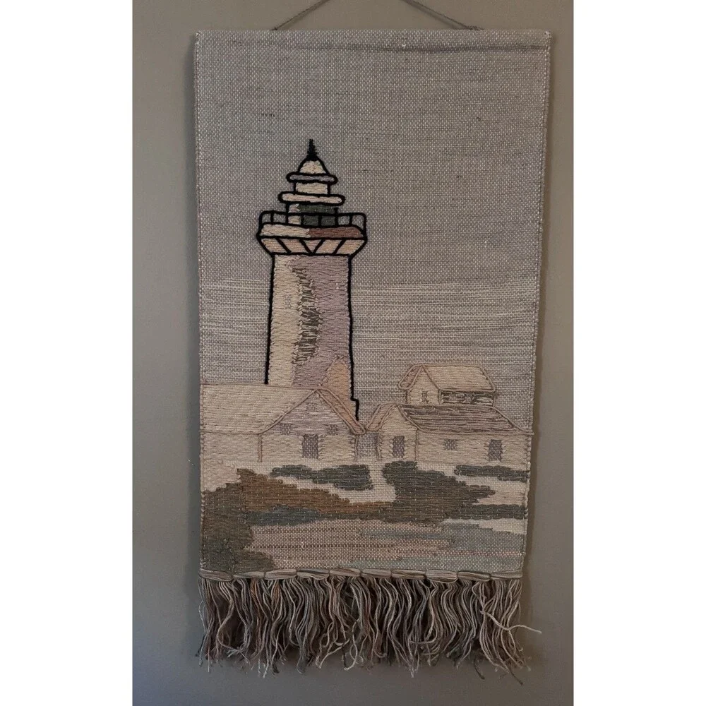Woven Jute Lighthouse Wall Hanging From India 47”x24” Fringe